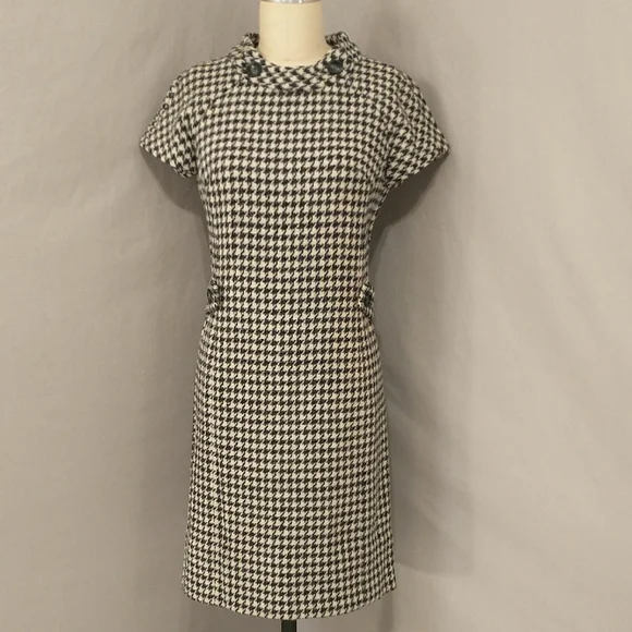 Vintage 60s Wool Dress Houndstooth Check Black & White Classy Midi SeeMeasure - Picture 1 of 16